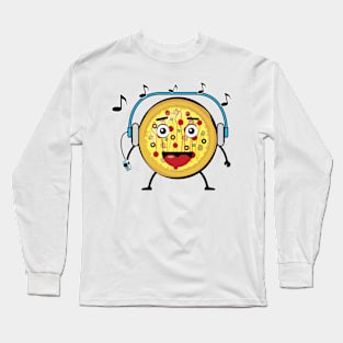 Pizza Listens To Music - Funny Character Illustration Long Sleeve T-Shirt